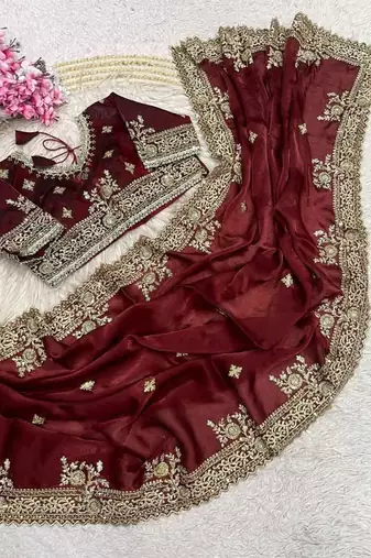 Maroon Color Embroidery And Sequance Work Satin Saree