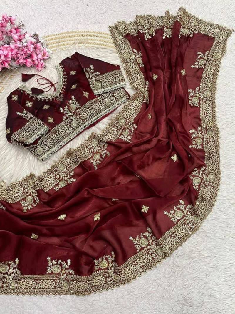 Maroon Color Embroidery And Sequance Work Satin Saree