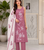Oniun embroidered sleeveless kurti set with trousers and white contrast dupatta
