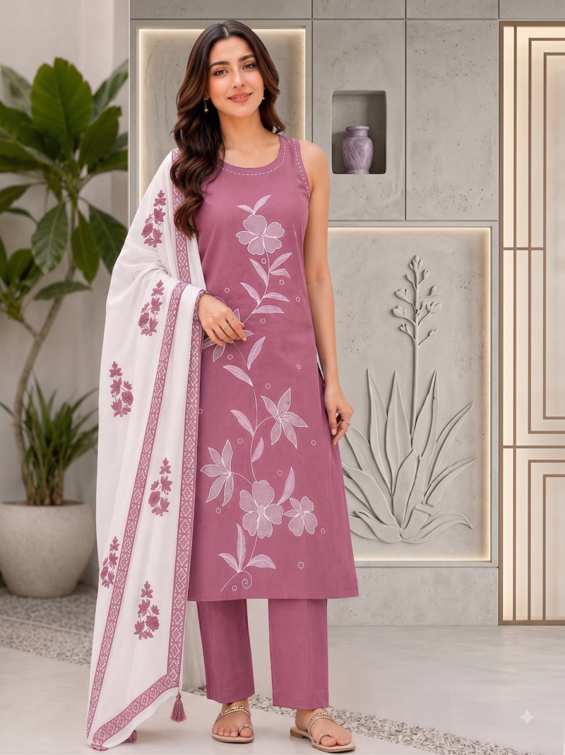 Oniun embroidered sleeveless kurti set with trousers and white contrast dupatta
