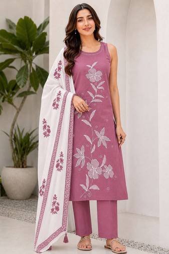Oniun embroidered sleeveless kurti set with trousers and white contrast dupatta