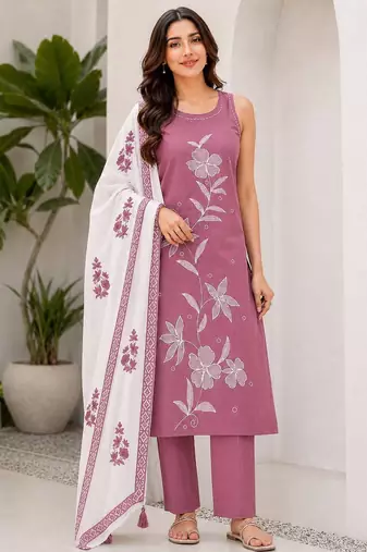 Oniun embroidered sleeveless kurti set with trousers and white contrast dupatta