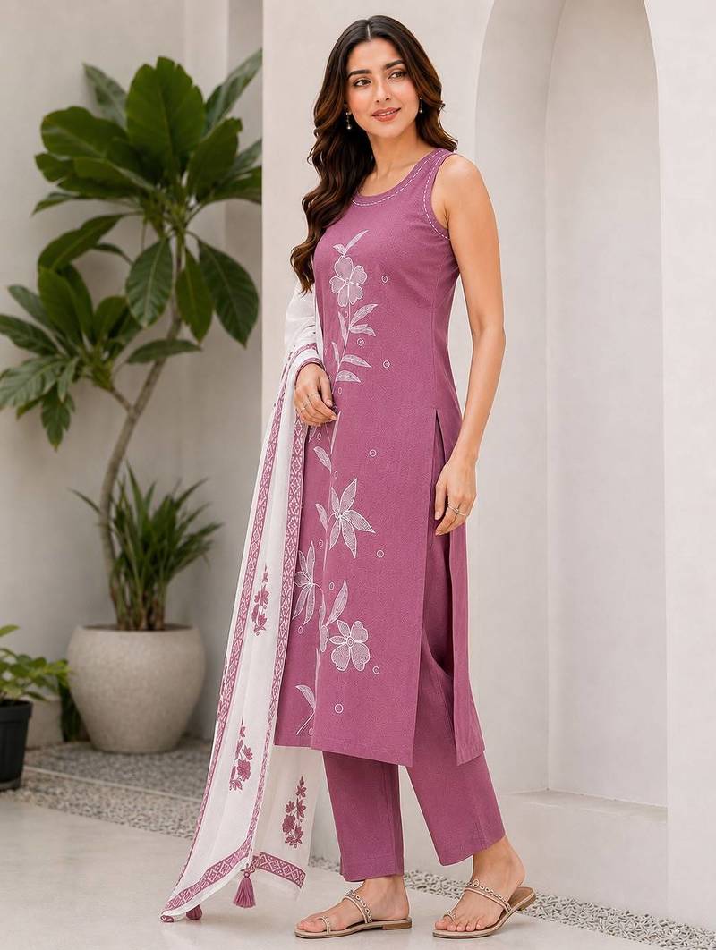 Oniun embroidered sleeveless kurti set with trousers and white contrast dupatta