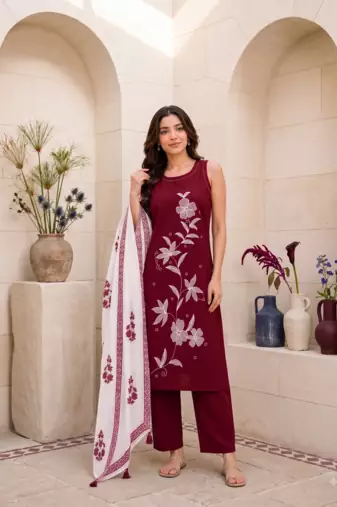 Red embroidered sleeveless kurti set with trousers and white contrast dupatta