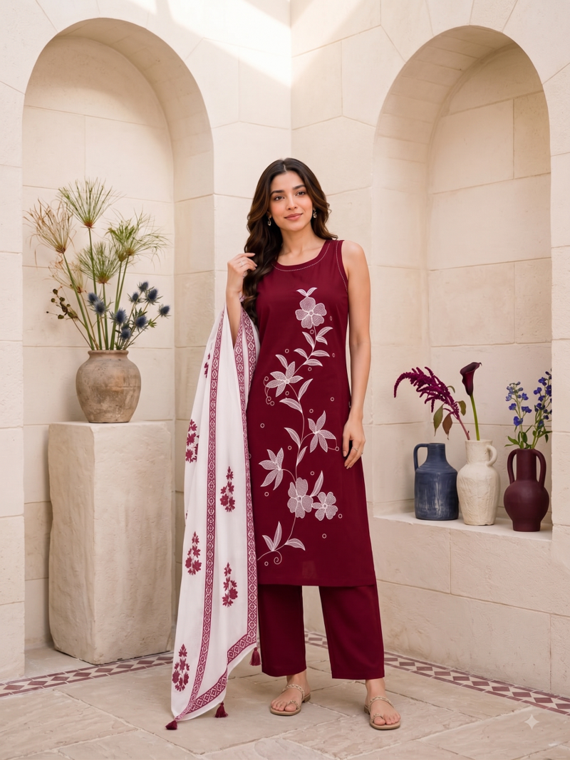 Red embroidered sleeveless kurti set with trousers and white contrast dupatta