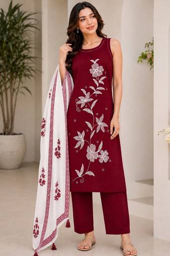 Red embroidered sleeveless kurti set with trousers and white contrast dupatta