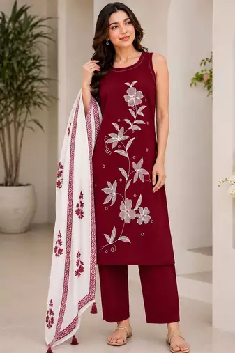Red embroidered sleeveless kurti set with trousers and white contrast dupatta