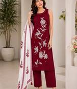 Red embroidered sleeveless kurti set with trousers and white contrast dupatta