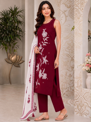 Red embroidered sleeveless kurti set with trousers and white contrast dupatta 2