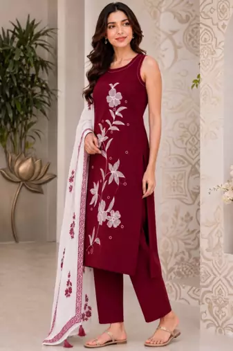 Red embroidered sleeveless kurti set with trousers and white contrast dupatta