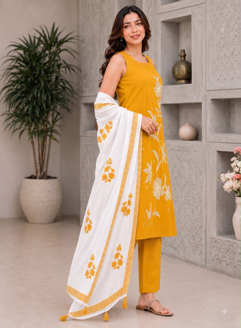 Mustard yellow embroidered sleeveless kurti set with trousers and white contrast dupatta