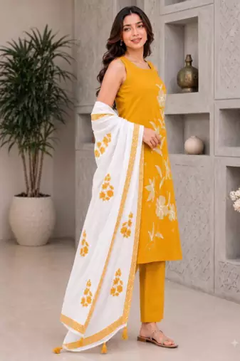 Mustard yellow embroidered sleeveless kurti set with trousers and white contrast dupatta