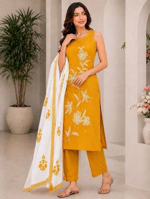 Mustard yellow embroidered sleeveless kurti set with trousers and white contrast dupatta 1
