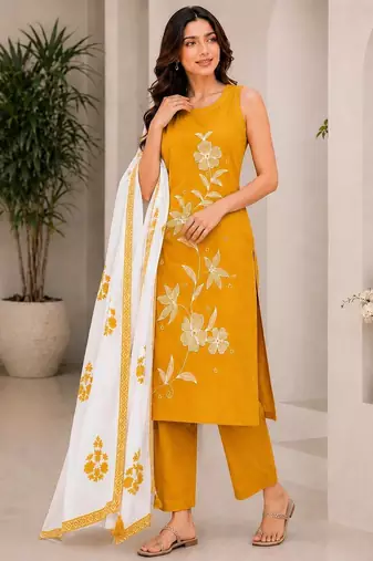 Mustard yellow embroidered sleeveless kurti set with trousers and white contrast dupatta