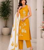 Mustard yellow embroidered sleeveless kurti set with trousers and white contrast dupatta