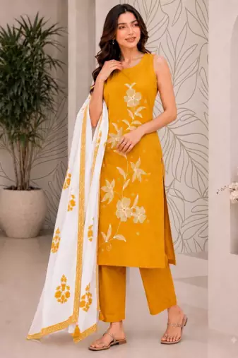 Mustard yellow embroidered sleeveless kurti set with trousers and white contrast dupatta