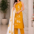 Mustard yellow embroidered sleeveless kurti set with trousers and white contrast dupatta