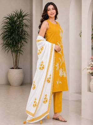 Mustard yellow embroidered sleeveless kurti set with trousers and white contrast dupatta 2