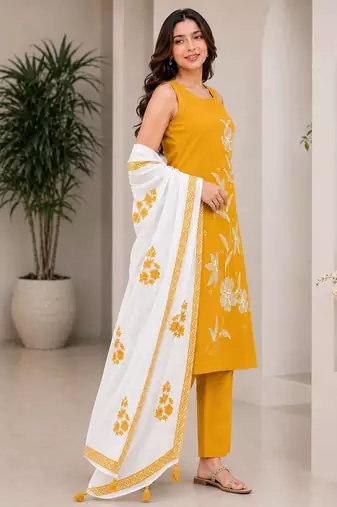 Mustard yellow embroidered sleeveless kurti set with trousers and white contrast dupatta