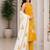 Mustard yellow embroidered sleeveless kurti set with trousers and white contrast dupatta