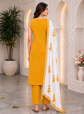 Mustard yellow embroidered sleeveless kurti set with trousers and white contrast dupatta 3