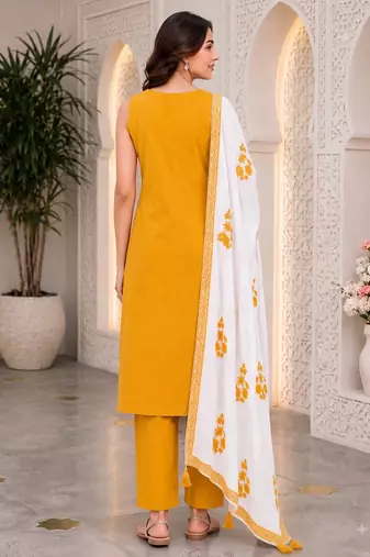 Mustard yellow embroidered sleeveless kurti set with trousers and white contrast dupatta