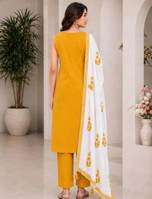 Mustard yellow embroidered sleeveless kurti set with trousers and white contrast dupatta 3