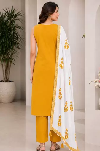 Mustard yellow embroidered sleeveless kurti set with trousers and white contrast dupatta