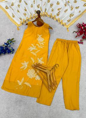 Mustard yellow embroidered sleeveless kurti set with trousers and white contrast dupatta 4