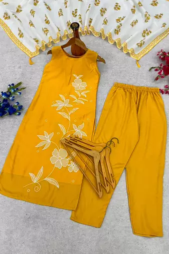 Mustard yellow embroidered sleeveless kurti set with trousers and white contrast dupatta