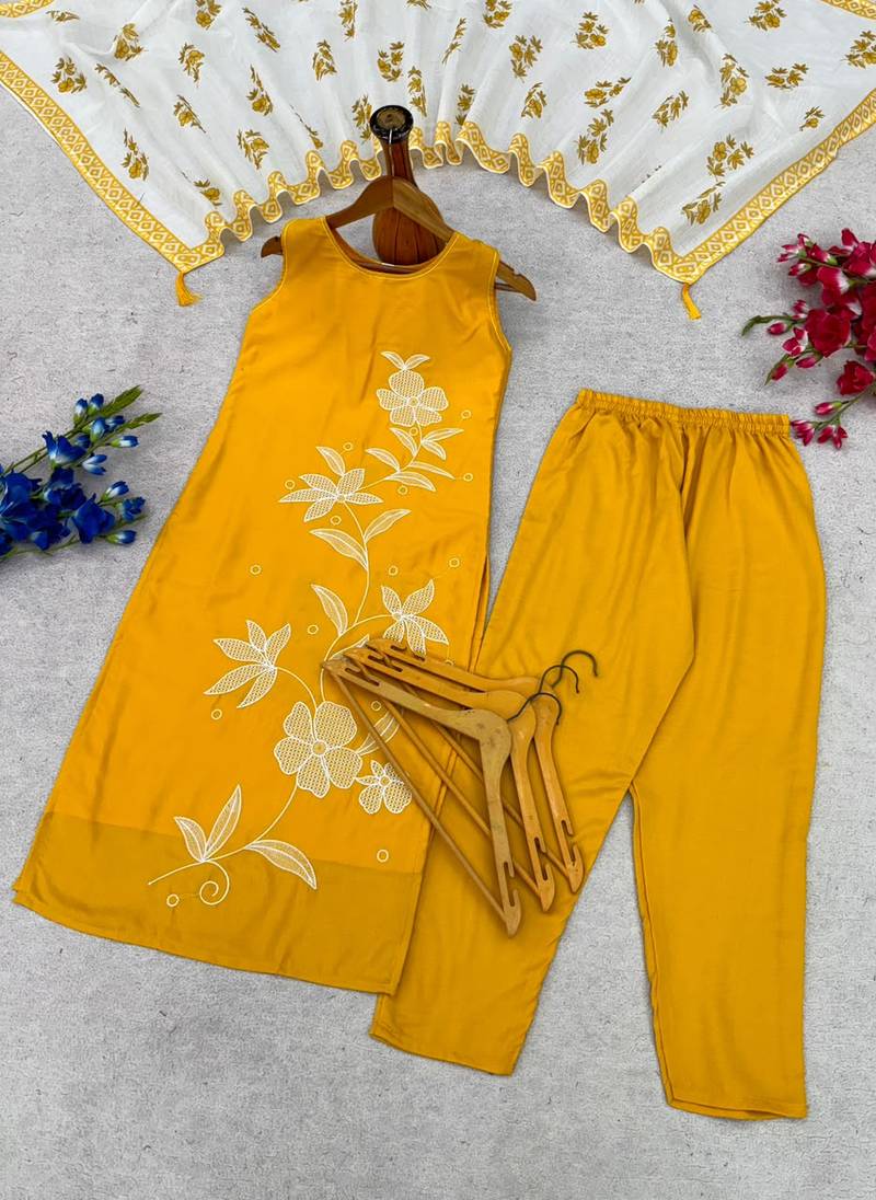 Mustard yellow embroidered sleeveless kurti set with trousers and white contrast dupatta
