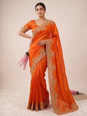 Orange Color Embroidery And Sequance Work Satin Saree 1