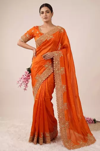 Orange Color Embroidery And Sequance Work Satin Saree