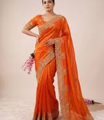 Orange Color Embroidery And Sequance Work Satin Saree