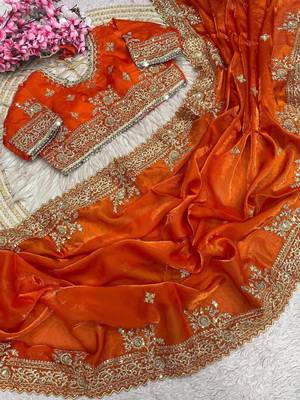 Orange Color Embroidery And Sequance Work Satin Saree 2