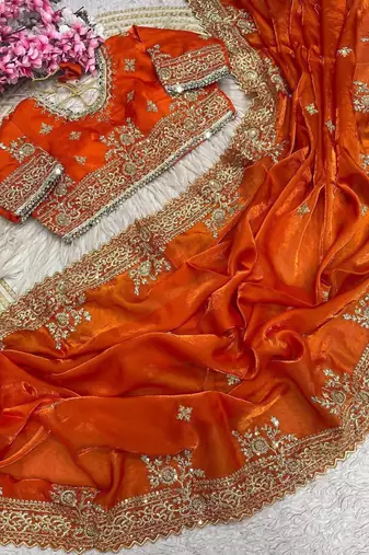 Orange Color Embroidery And Sequance Work Satin Saree