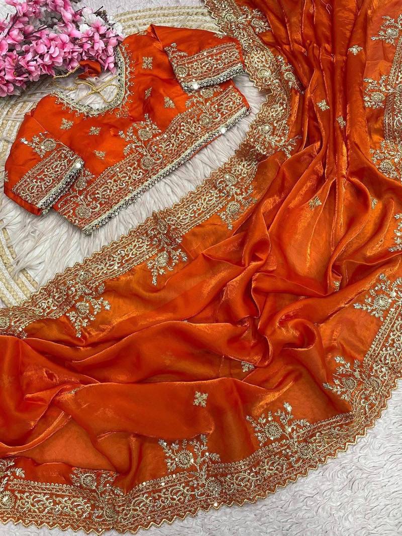 Orange Color Embroidery And Sequance Work Satin Saree