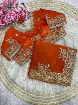 Orange Color Embroidery And Sequance Work Satin Saree 3