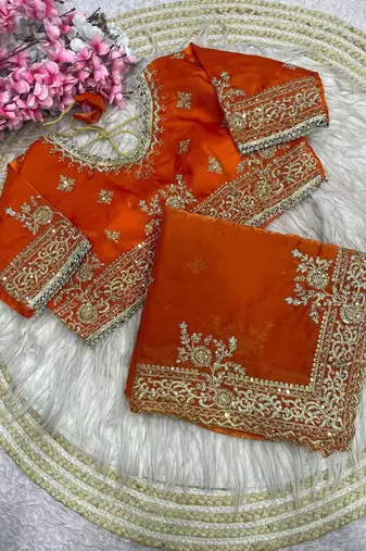 Orange Color Embroidery And Sequance Work Satin Saree