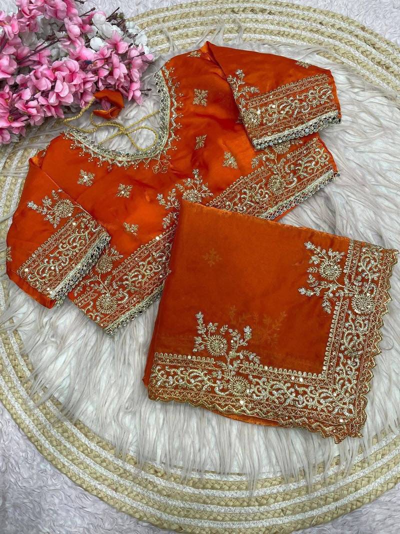 Orange Color Embroidery And Sequance Work Satin Saree