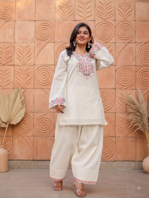 Women off white & pink floral embroidered farshi salwar suit set 2
