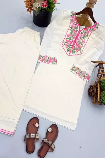 Women off white & pink floral embroidered farshi salwar suit set