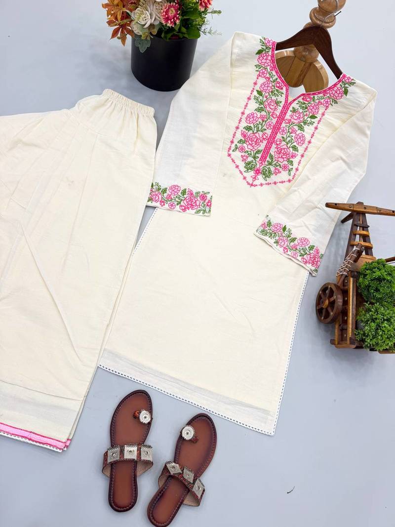 Women off white & pink floral embroidered farshi salwar suit set