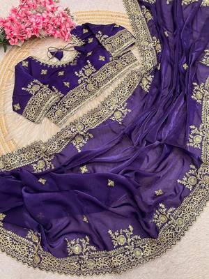 Purple Color Embroidery And Sequance Work Satin Saree 1