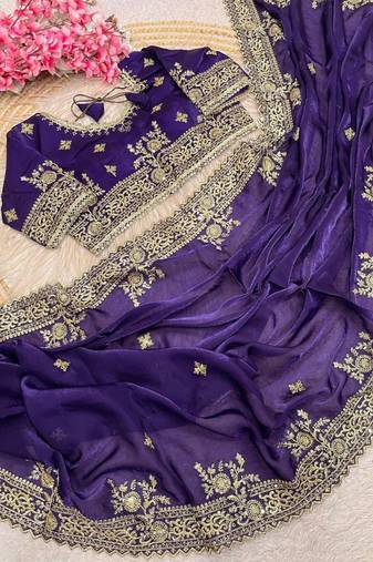 Purple Embroidery And Sequance Work Satin Saree