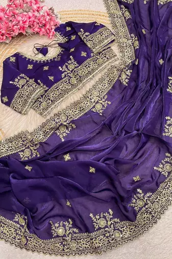Purple Color Embroidery And Sequance Work Satin Saree