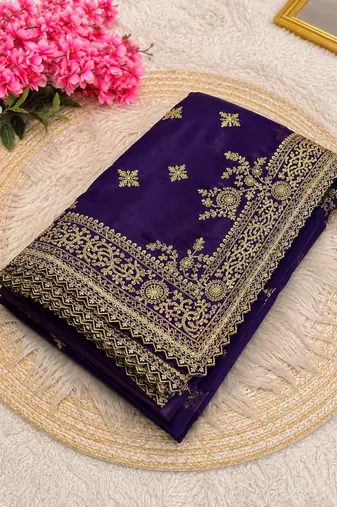 Purple Color Embroidery And Sequance Work Satin Saree
