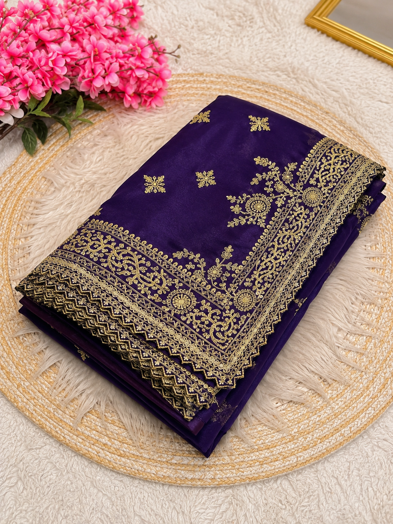 Purple Color Embroidery And Sequance Work Satin Saree