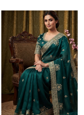 Teal Color Embroidery And Sequance Work Satin Saree 1