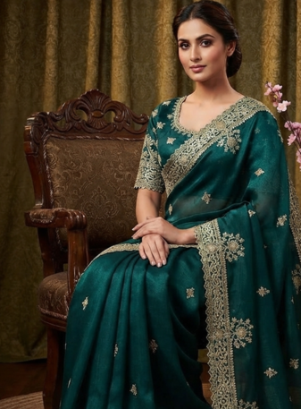 Teal Color Embroidery And Sequance Work Satin Saree